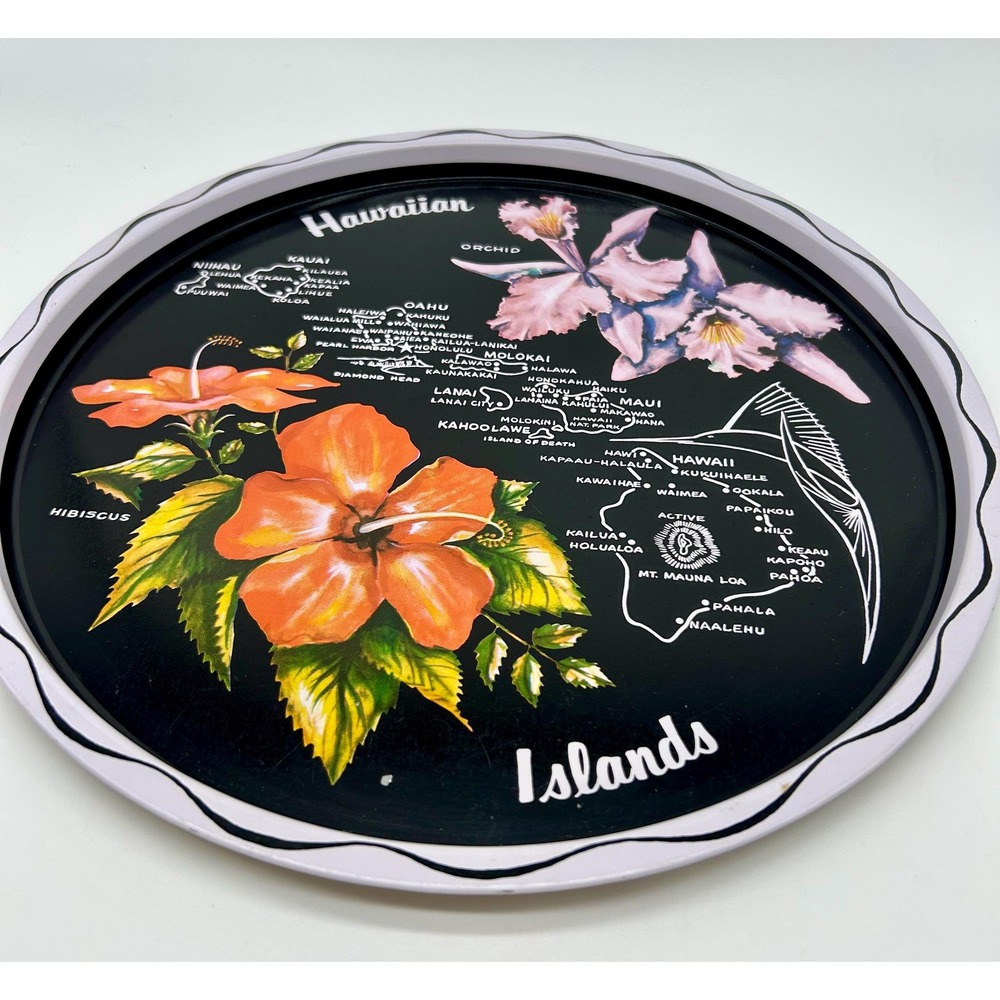Vintage HAWAIIAN ISLANDS State Metal Souvenir Tray Plate 11" Map Tiki Party